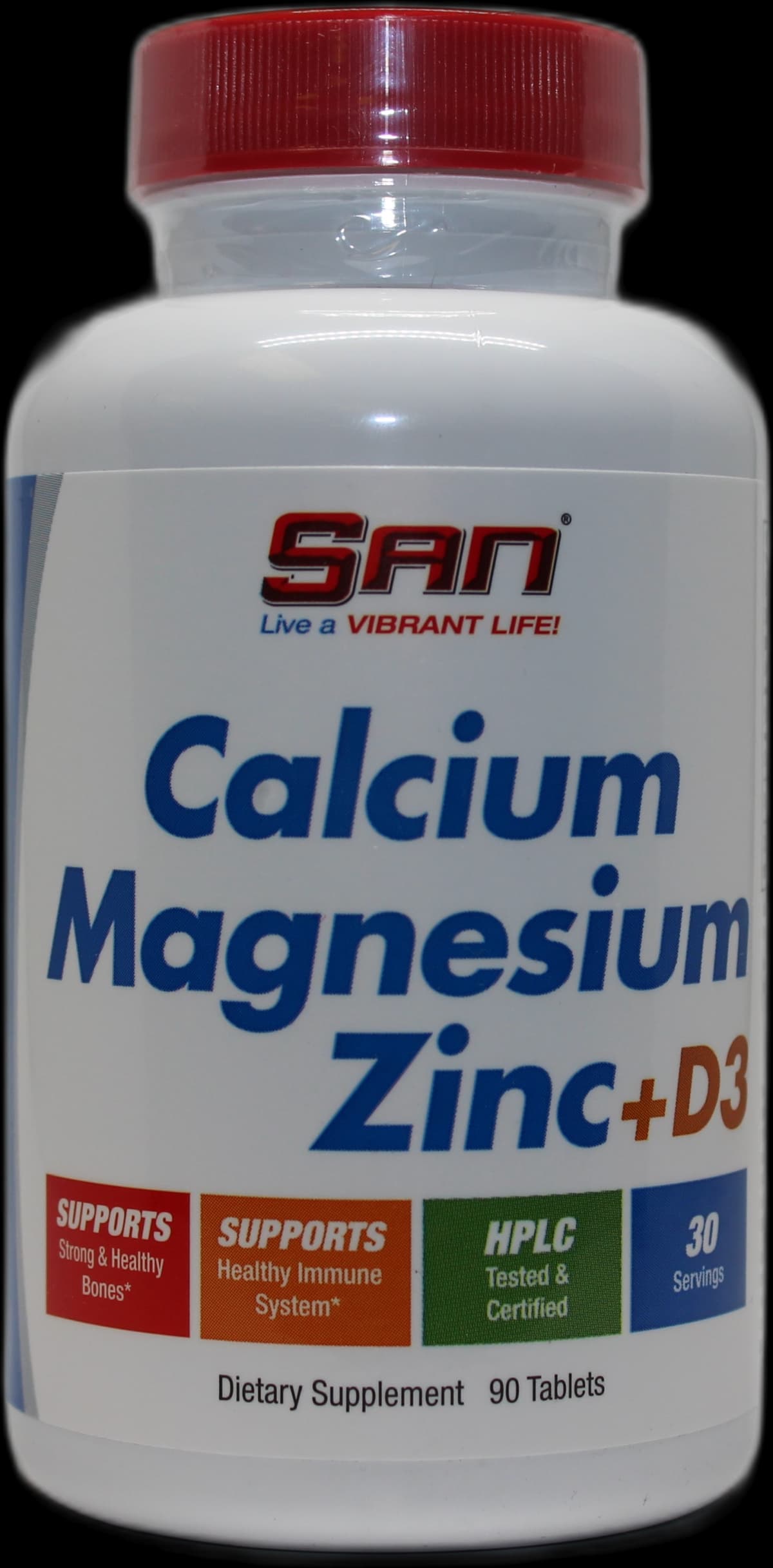 San - Calcium Magnesium Zinc + D3 - 90 Tabs – San förpackning