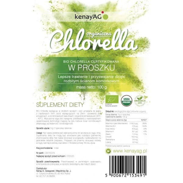 Kenay Ag (Kenayag) - Chlorella Organiczna W Proszku (Organic Chlorella Powder) - 100g – Kenay förpackning