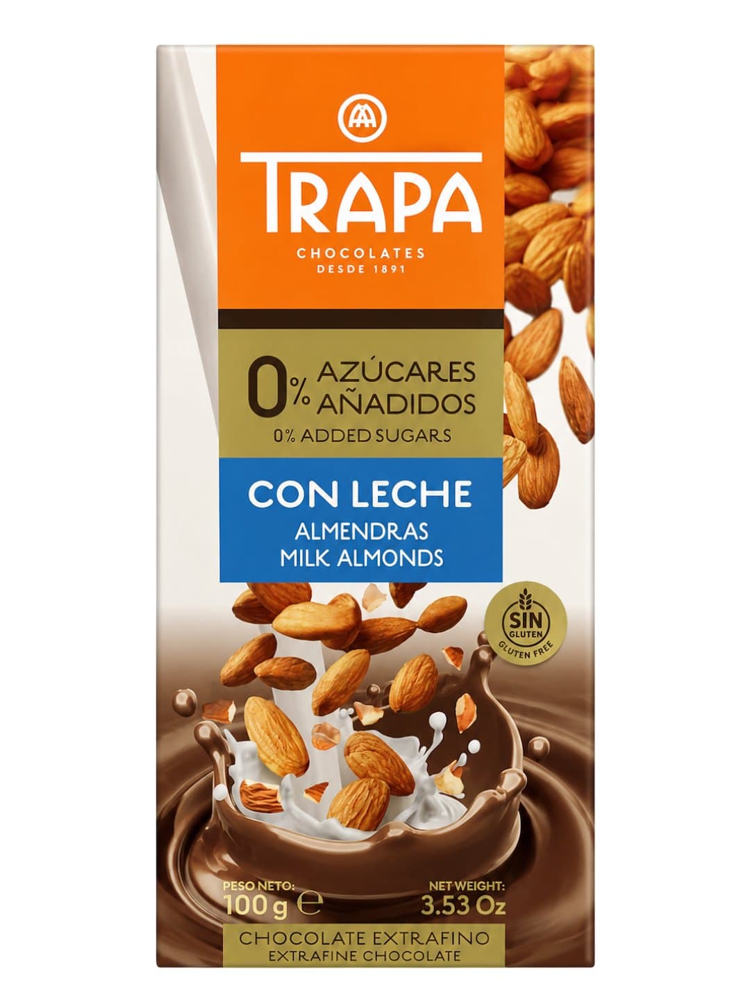 Trapa - Milk Chocolate With Almonds Sugar-Free Gluten-Free 100g – Trapa förpackning
