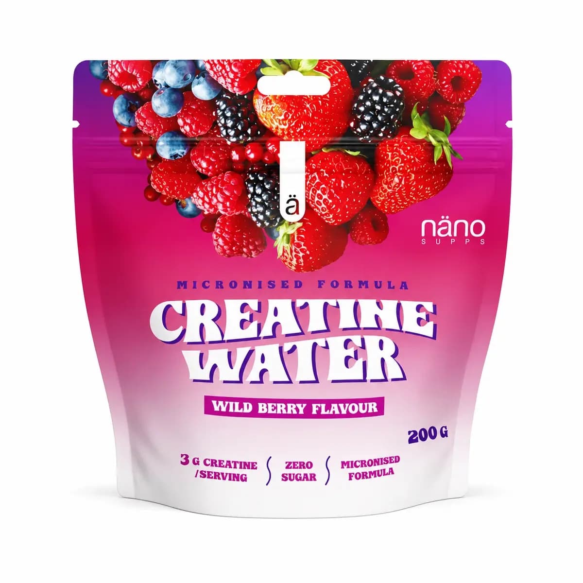 Nanosupps - Kreatinvatten - 200 g, skogsbär – Nanosupps förpackning
