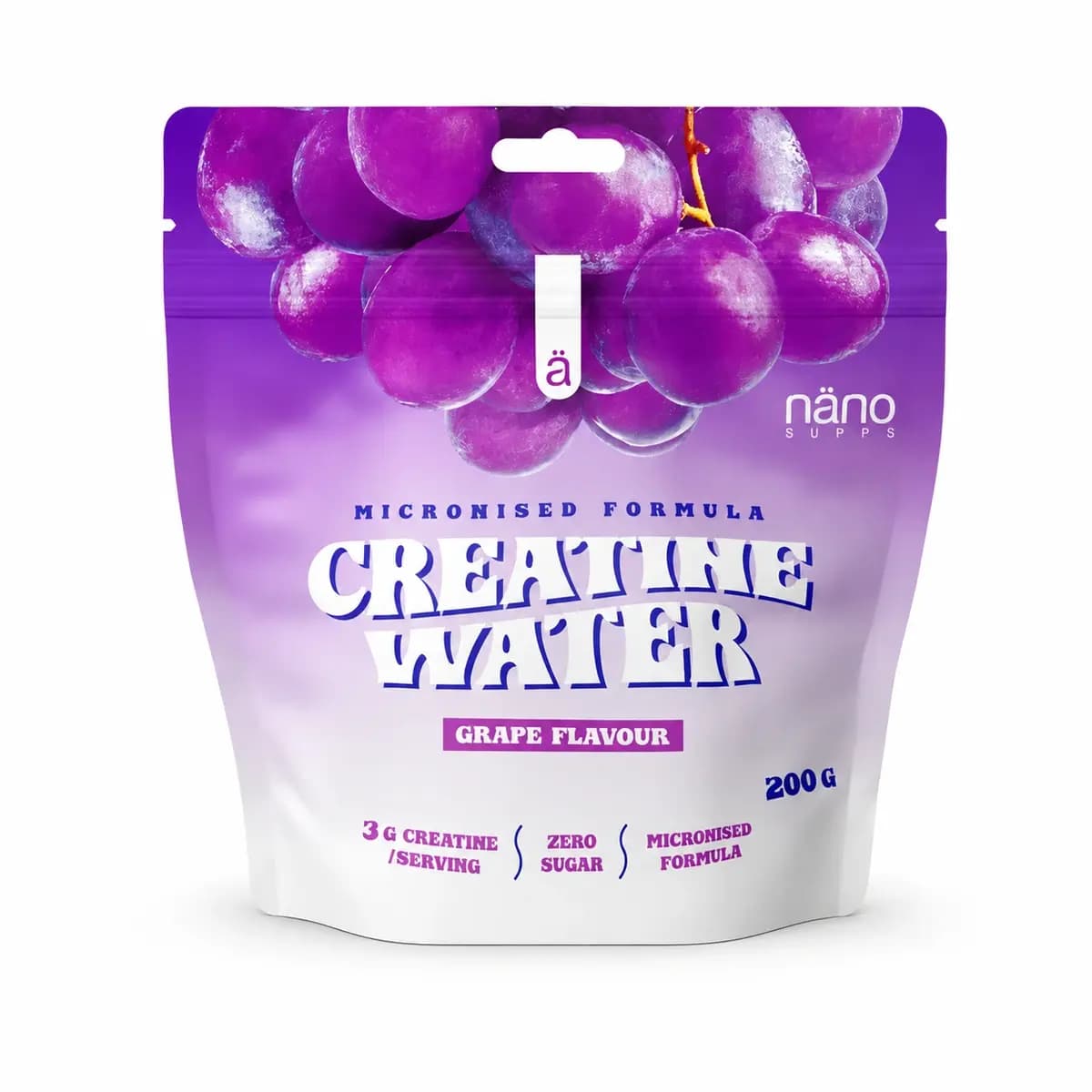 Nanosupps - Kreatinvatten - Vindruva, 200 g – Nanosupps förpackning