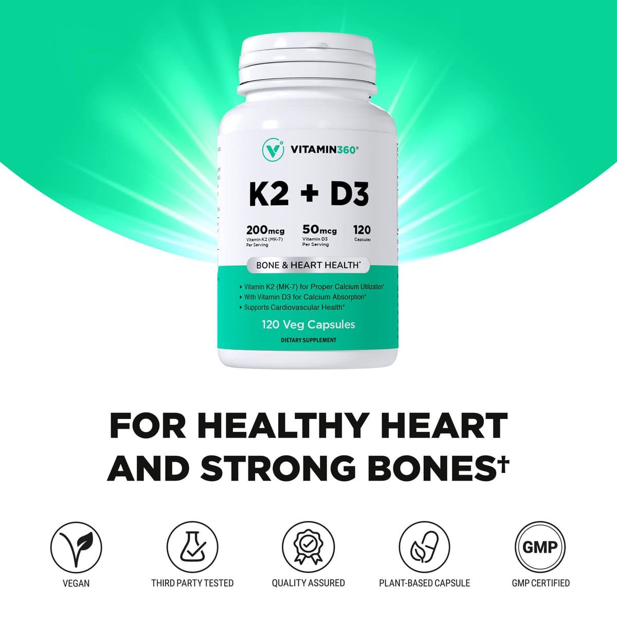 Vitamin360 - K2- ja D3-vitamiini - 120 kasviskapselia