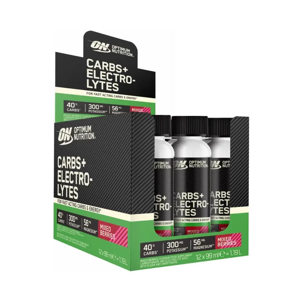 Optimum Nutrition - Carbs + Elektrolytter Shot (12x99ml) - Blanding Bær – Optimum Nutrition emballage