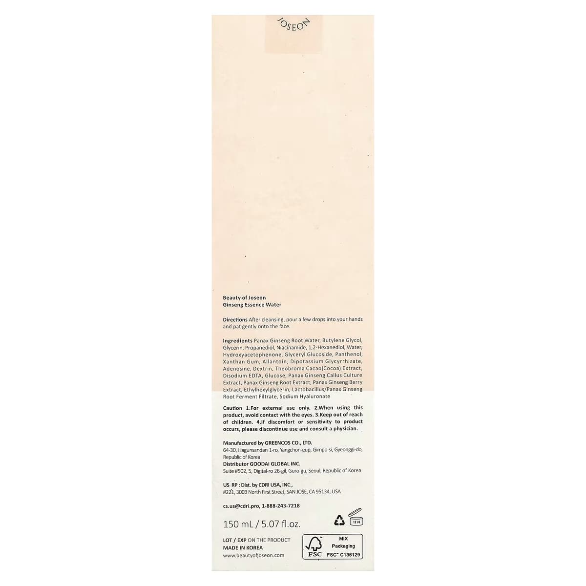 Beauty of Joseon - Ginseng Essence Water 150ml