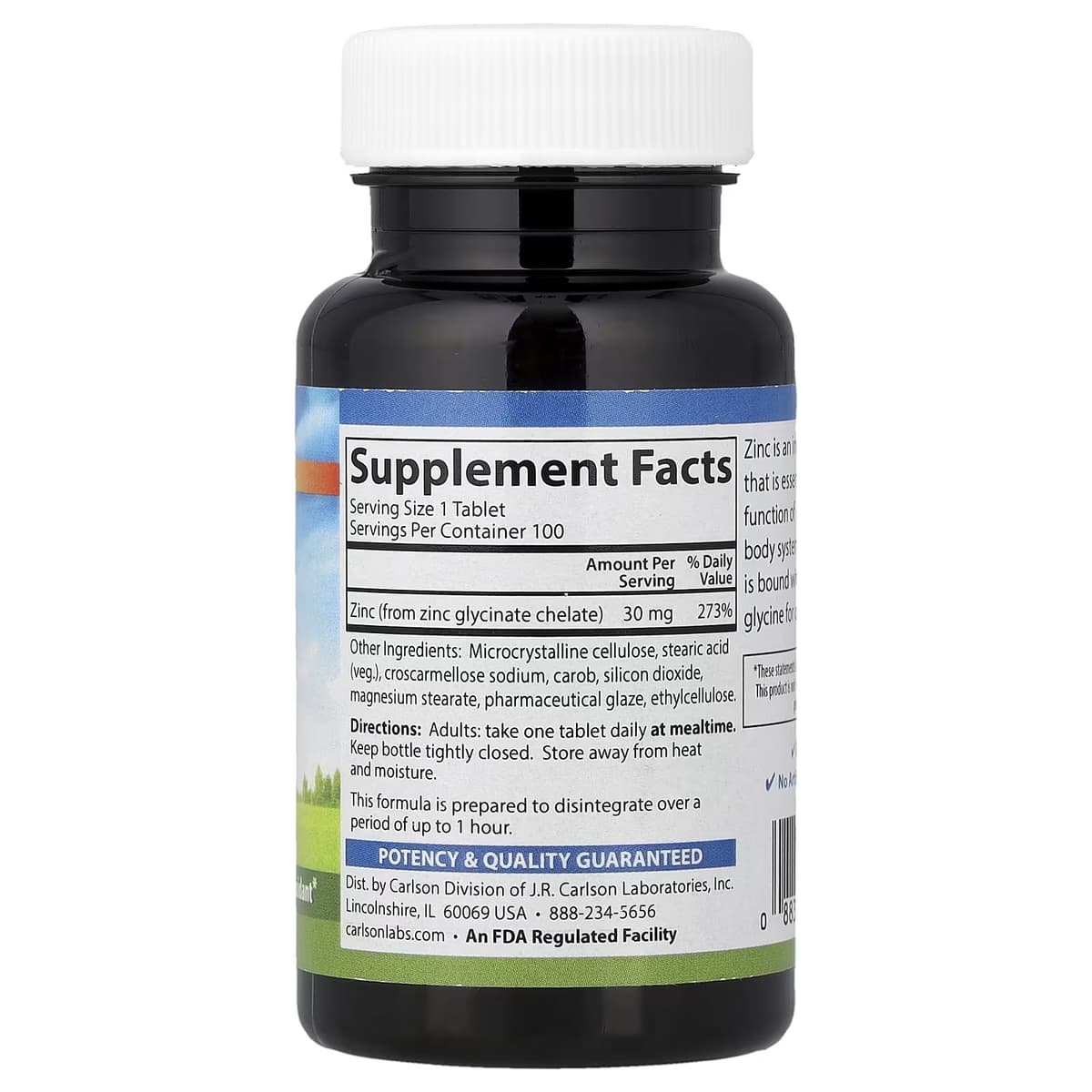 Carlson Labs - Kelaattisettu Sinkki 30 mg - 100 Tablettia