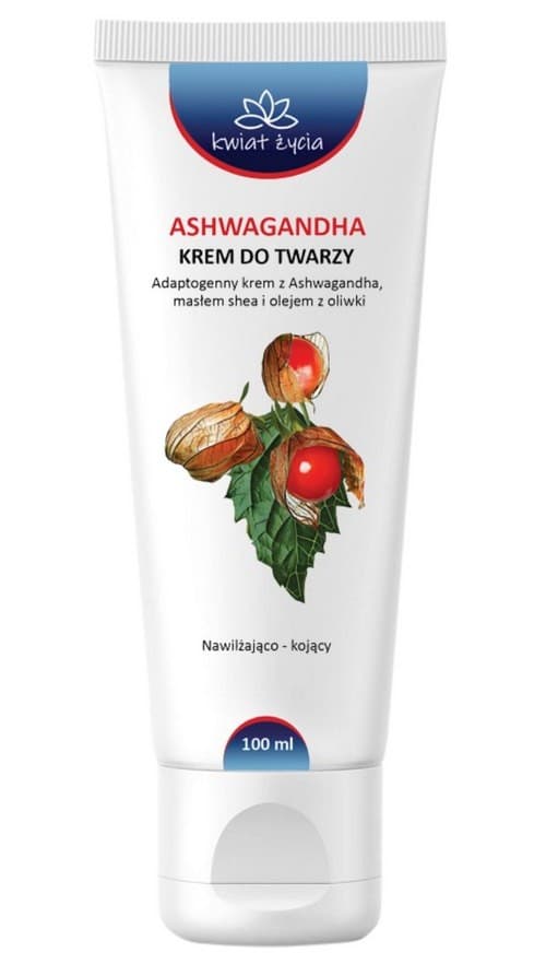KWIAT ŻYCIA Krem do twarzy adaptogenny z ashwagandhą, masłem shea i olejem z oliwki 100ml – KWIAT ŻYCIA förpackning