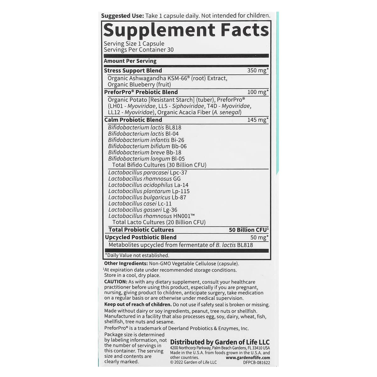 Garden Of Life - Probiotics Calm 50 Billion - 30 Caps