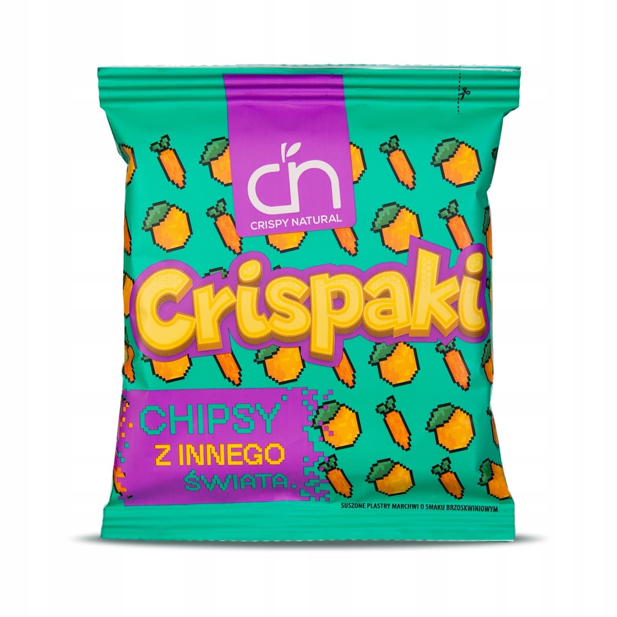 Tørrede gulerodsskiver med ferskensmag 18 g – Crispy Natural emballage