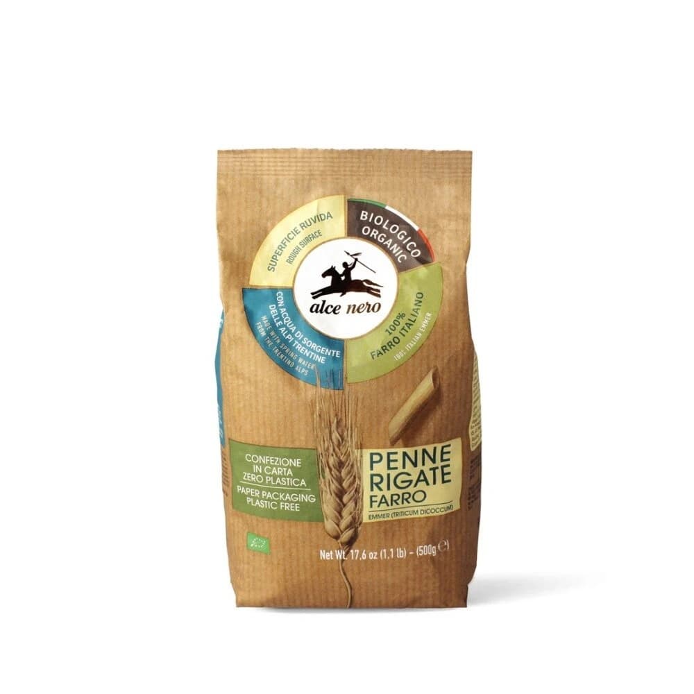 Alce Nero - Penne Rigate Farro - 500g – Alce Nero förpackning