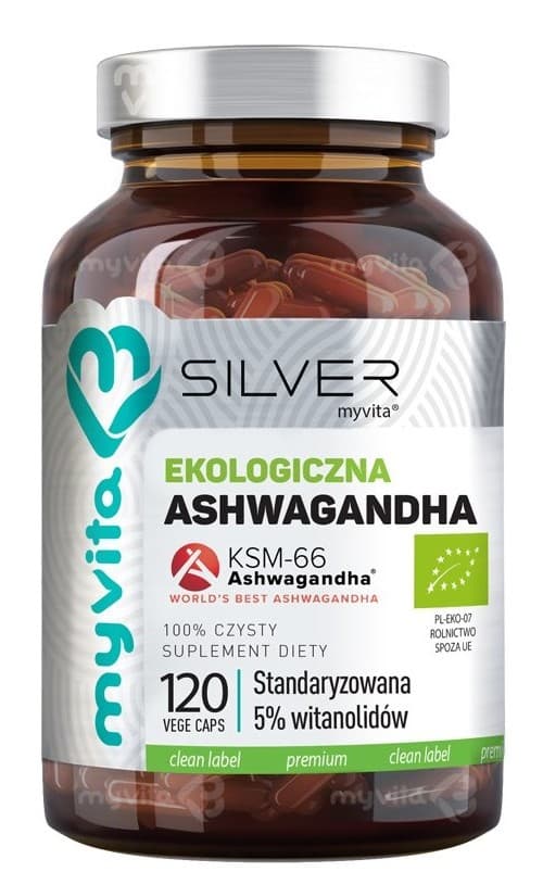 Myvita Silver - Organic Ashwagandha KSM-66 (Standardized 5% Witanolides) - 120 capsules – MyVita förpackning