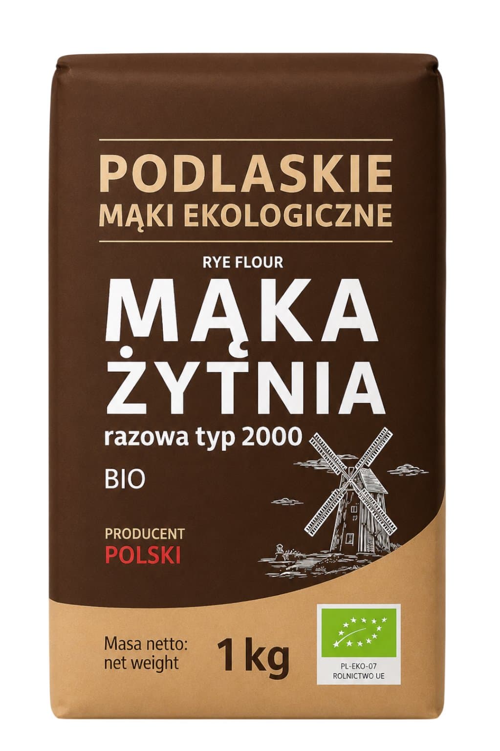 Podlaskie Mąki Ekologiczne - Organic Whole Rye Flour Type 2000 - 1kg – Podlaskie Mąki Ekologiczne förpackning