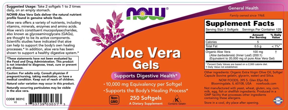 NOW Foods - Aloe Vera Gelit - 250 Kapselia