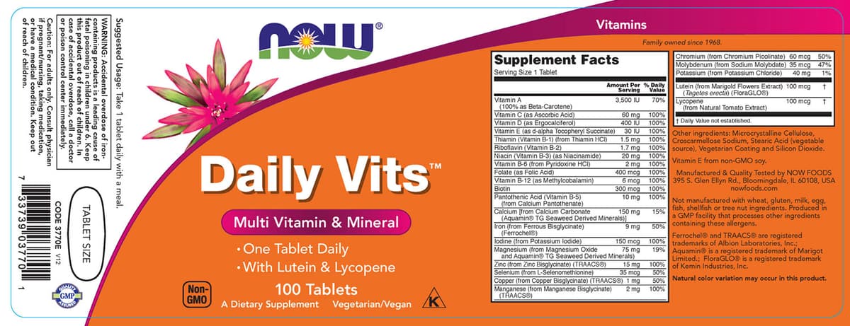 NOW Foods - Daily Vits™ - Monivitamiini ja kivennäisaine - 30 Vcaps