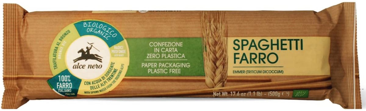 Alce Nero - Spaghetti Farro - 500g – Alce Nero förpackning