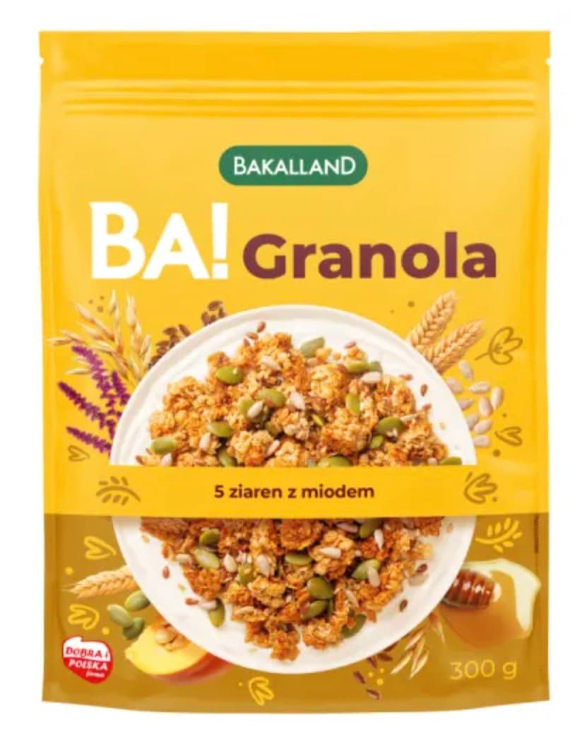 Bakalland BA! Granola 5 ziaren z miodem 300 g – Bakalland förpackning