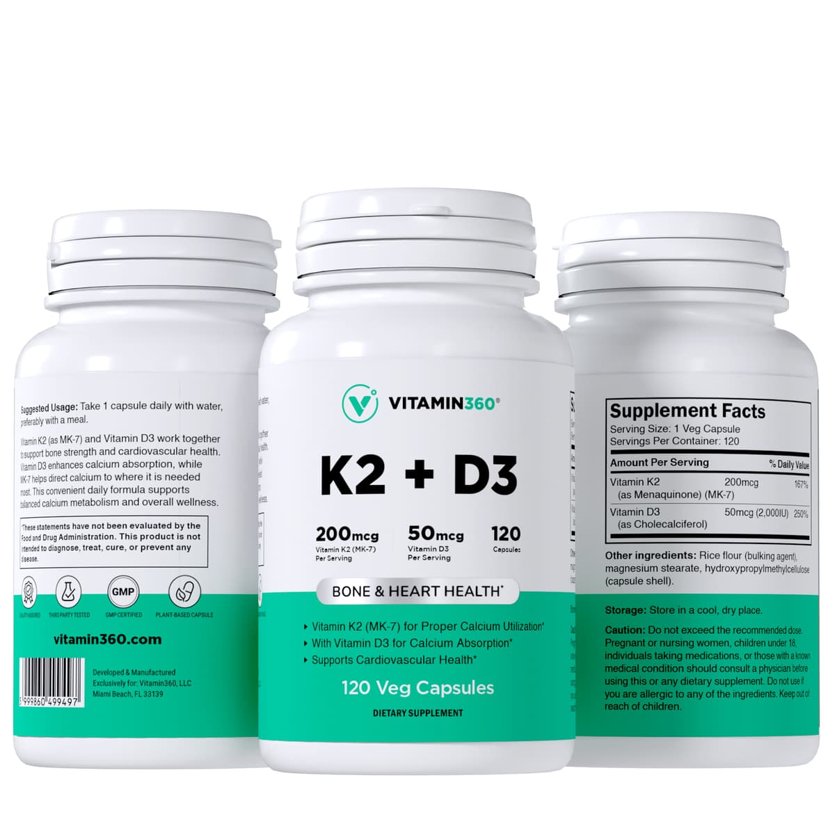 Vitamin360 - K2- ja D3-vitamiini - 120 kasviskapselia