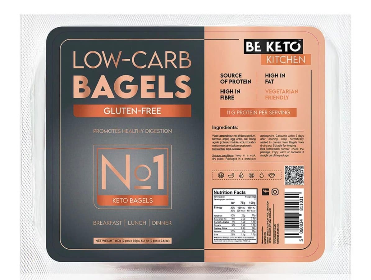 BE KETO - Low-Carb Bagels Gluten-Free - 150g (2 pcs x 75g) – BE KETO förpackning