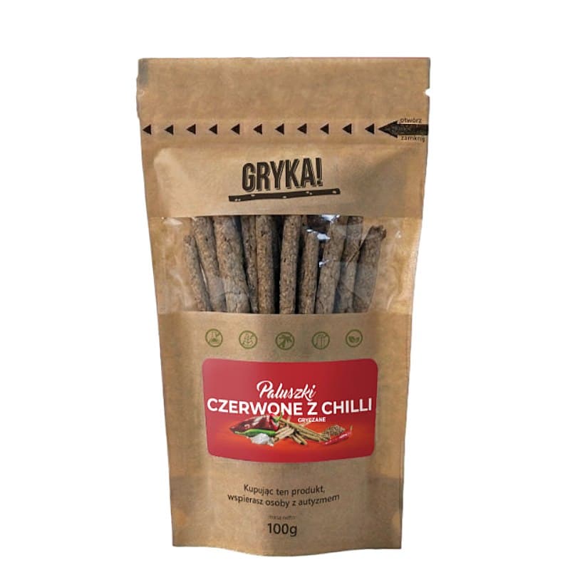 GRYKA! Paluszki gryczane czerwone z chilli 100g DALEJ RAZEM – GRYKA! förpackning