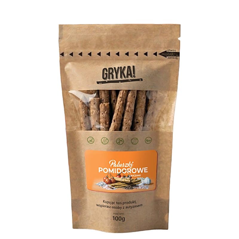 GRYKA! Paluszki gryczane pomidorowe 100g DALEJ RAZEM – GRYKA! förpackning