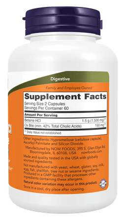 Now Foods Betaine HCl & Ox Galde - 120 Kapsler