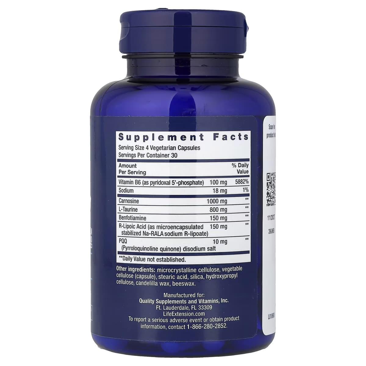 Life Extension - PQQ, benfotiamin og karnosin - 120 vegetabilske kapsler