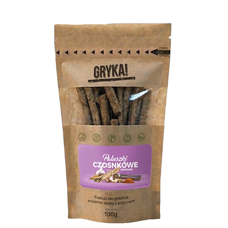 GRYKA! Paluszki gryczane czosnkowe 100g DALEJ RAZEM – GRYKA! förpackning