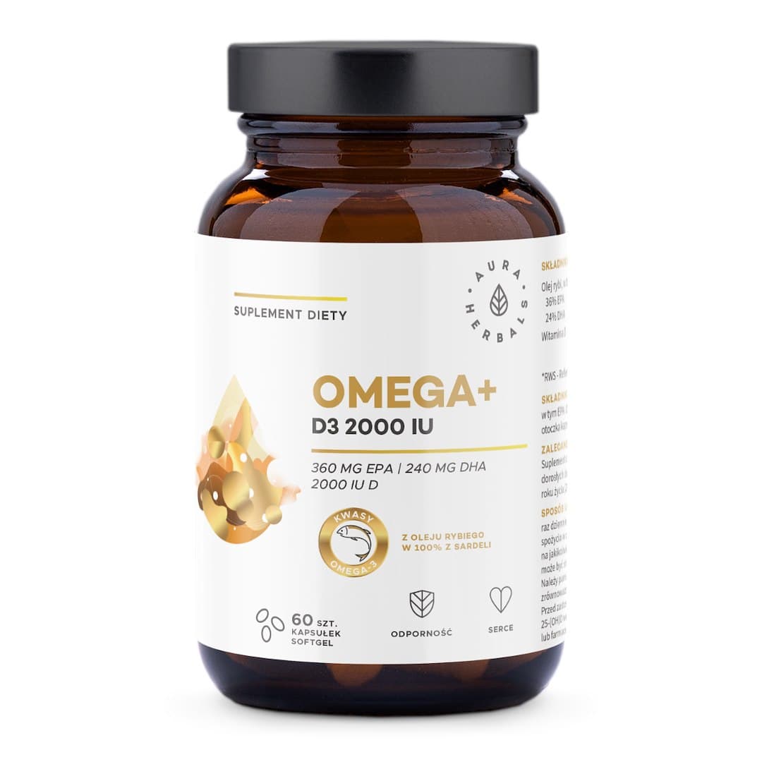 Aura Herbals - Omega+ D3 + K2 - 60 Sgels Caps – Aura Herbals förpackning