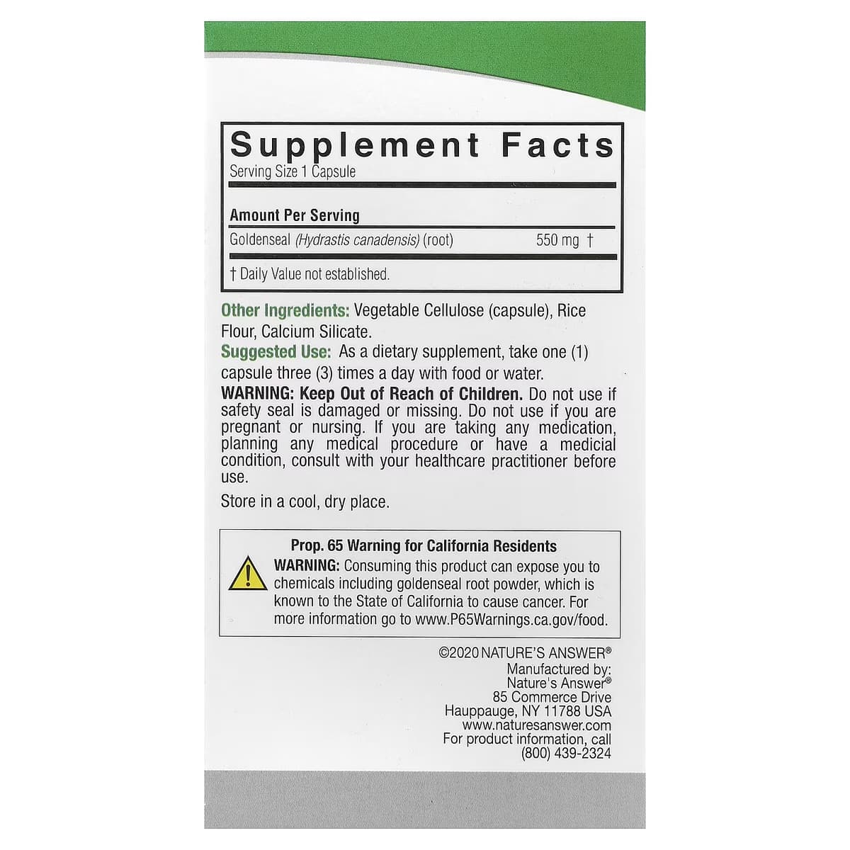 Nature's Answer - Goldenseal Full Spectrum Herb - 50 Vcaps