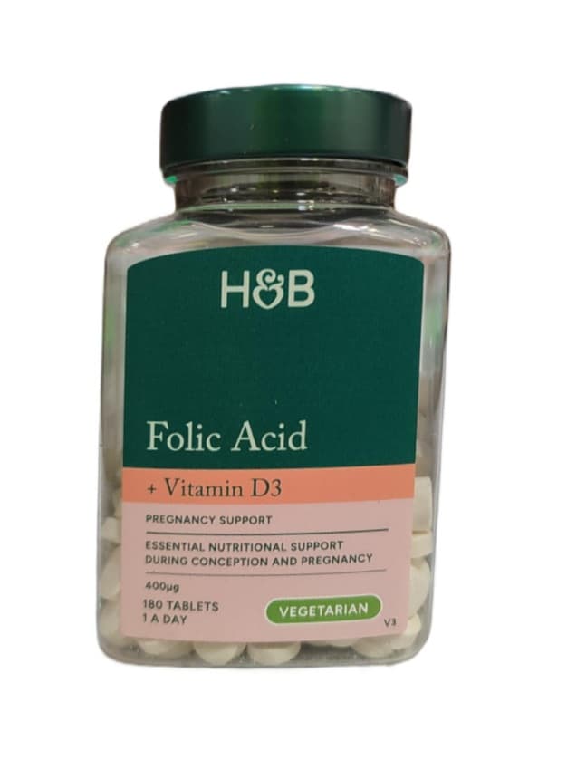 Holland & Barrett - Folic Acid + Vitamin D3 - 180 Tabs – Holland & Barrett förpackning