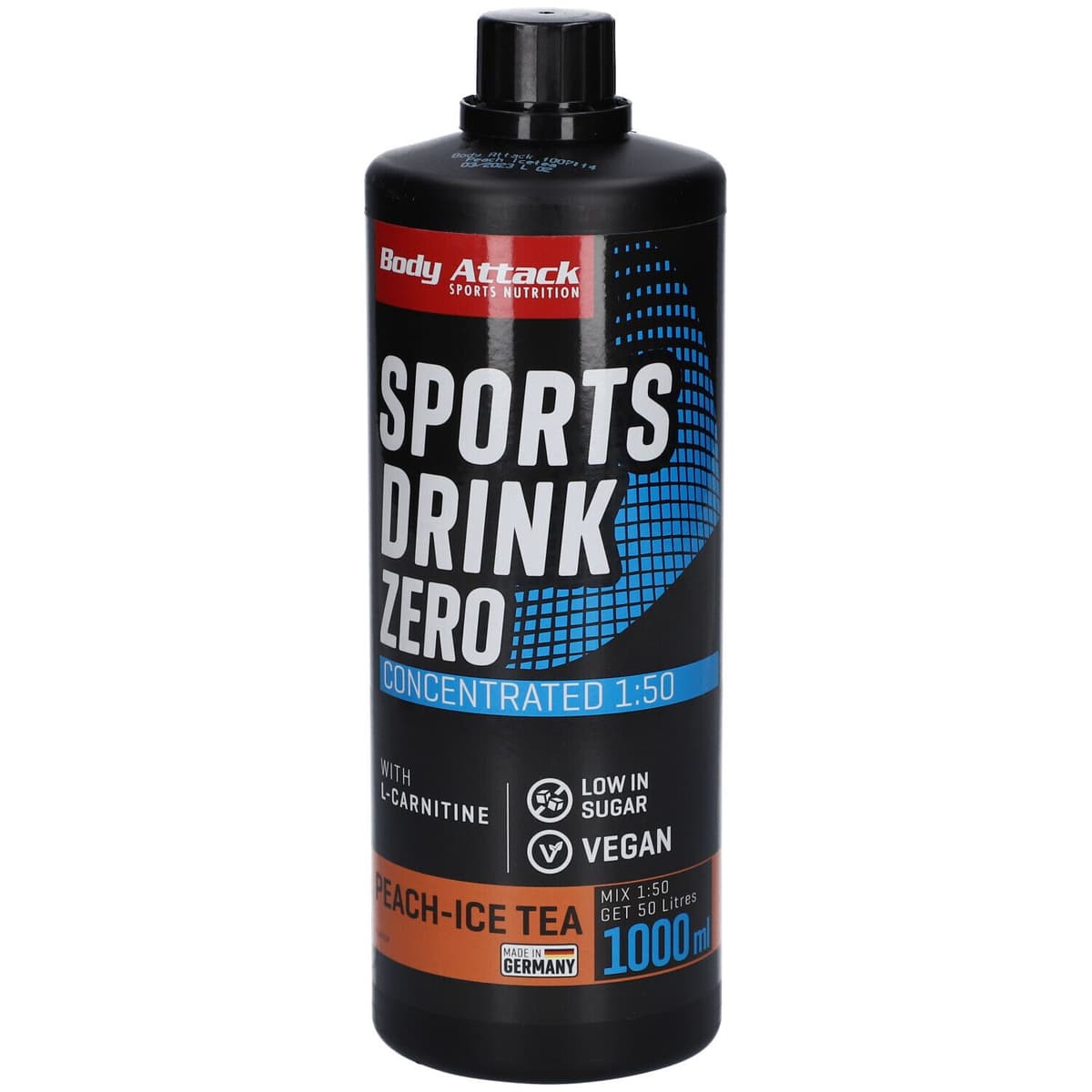 Body Attack - Sports Drink Zero - 1000 ml, persika och iste – Body Attack förpackning
