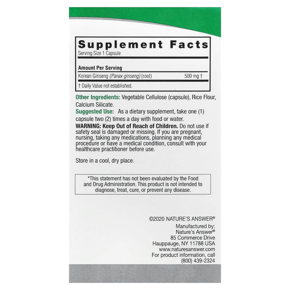 Nature's Answer - Korean Ginseng - 50 Vcaps