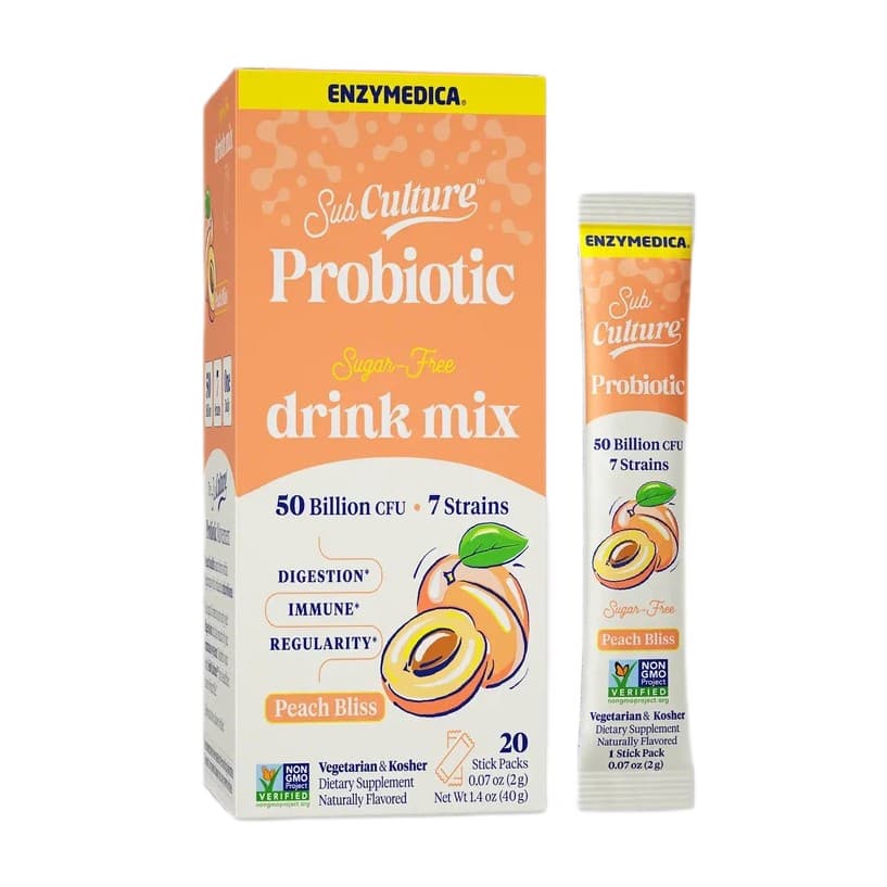 SubCulture Probiotinen Juomasekoitus Pussit, Persikka Bliss - 20 x 2g – Enzymedica pakkaus