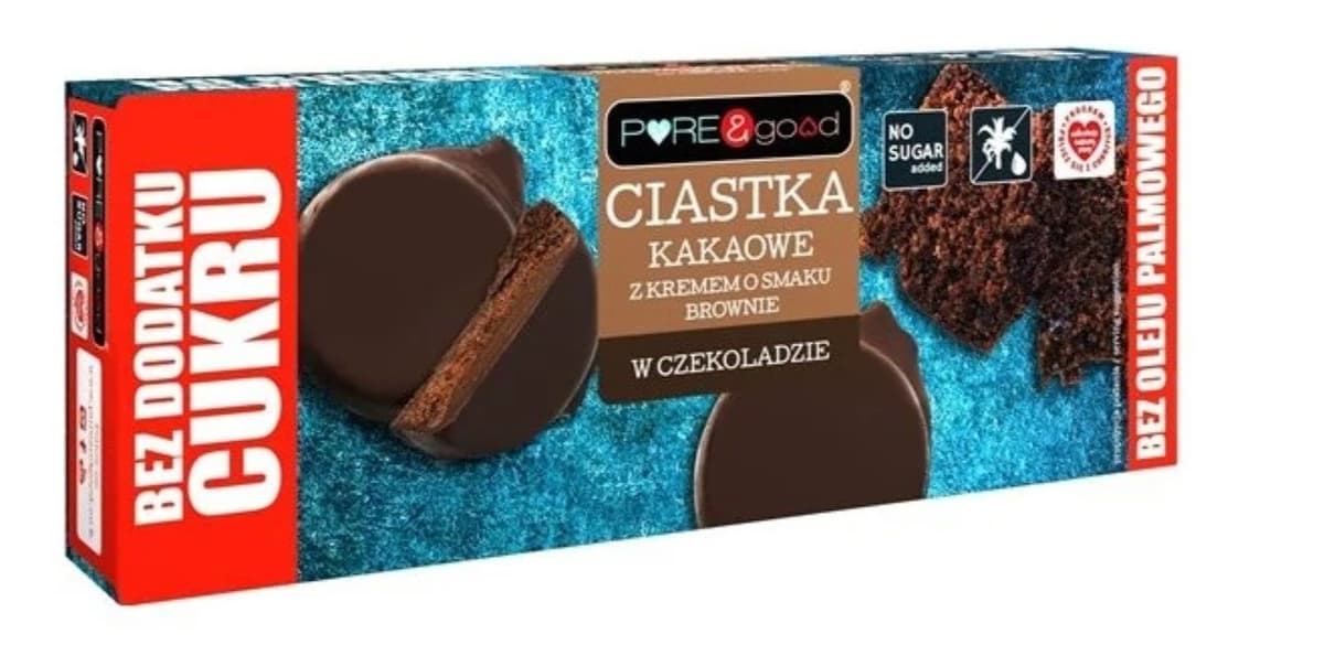 PURE & good - Cocoa Cookies with Brownie Cream - 128g – PURE & good förpackning