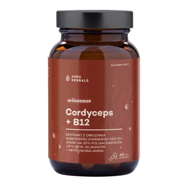 Aura Herbals - Mycodrop, Cordyceps 30:1 + B12, 30% Beta-Glukan (60 Caps) – Aura Herbals förpackning