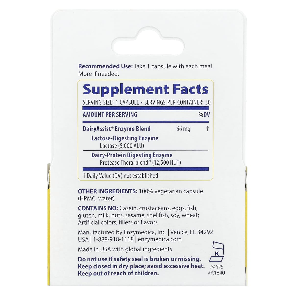 Enzymedica - Dairyassist - Complete Dairy Digestion Formula - 30 Caps