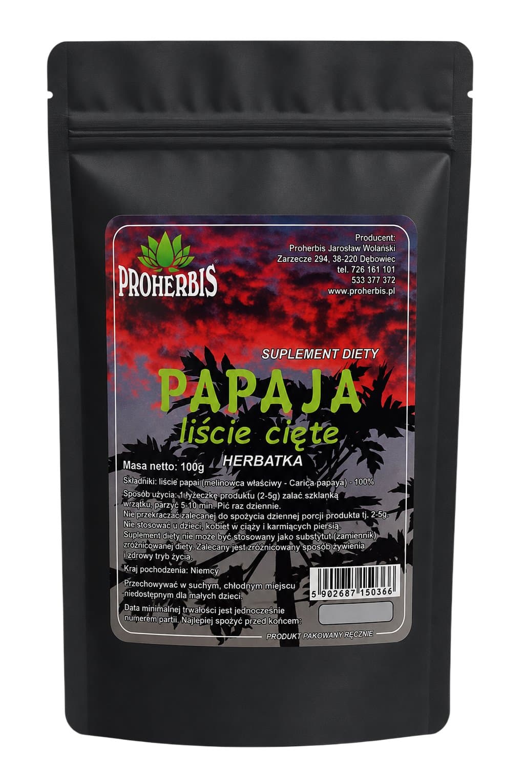 Proherbis - Papaya Cut Leaves - 100g – Proherbis förpackning