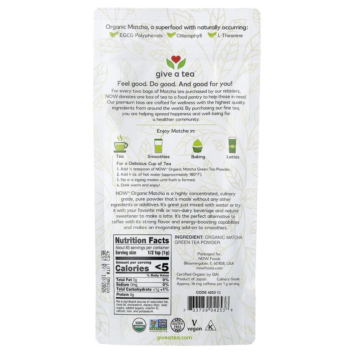 NOW Foods - Organic Matcha Green Tea Powder - 85g