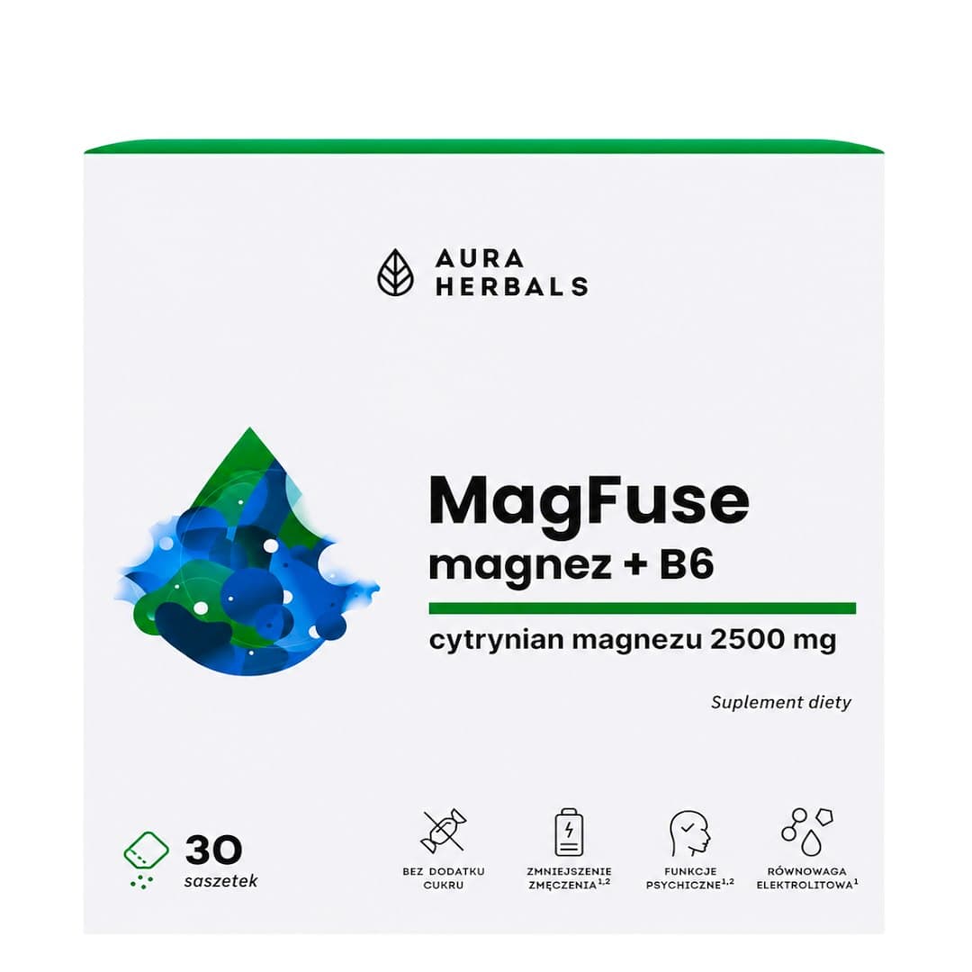 Aura Herbals - Magfuse Magnesium + B6 - 30 Saszetek (Sachets) – Aura Herbals förpackning