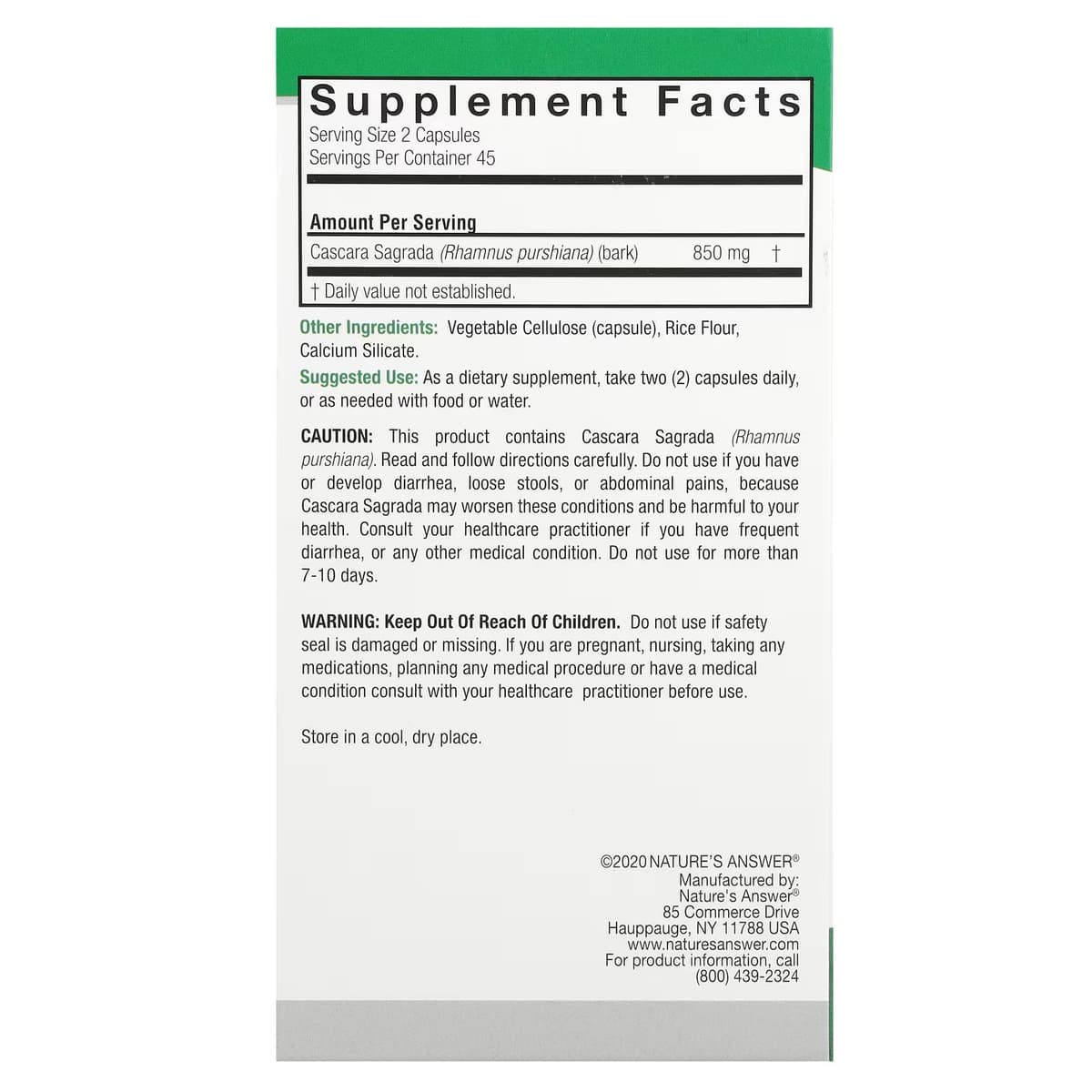Natures Answer Cascara Sagrada Bark - 90 Vcaps