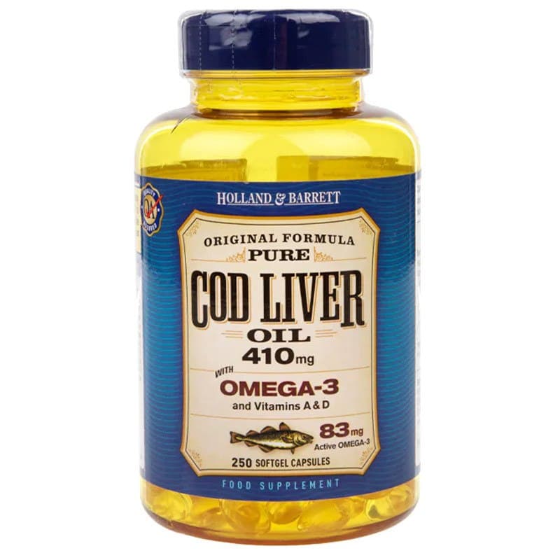 Holland & Barrett - Pure Cod Liver Oil - 250 Softgel Capsules – Holland & Barrett förpackning