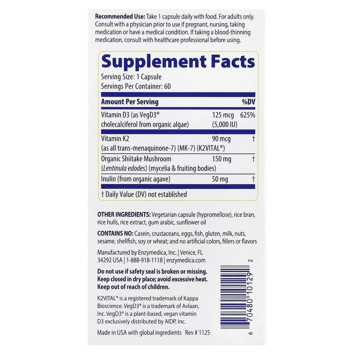 Enzymedica Vitamin D3 + Vitamin K2 - 60 Kapsler