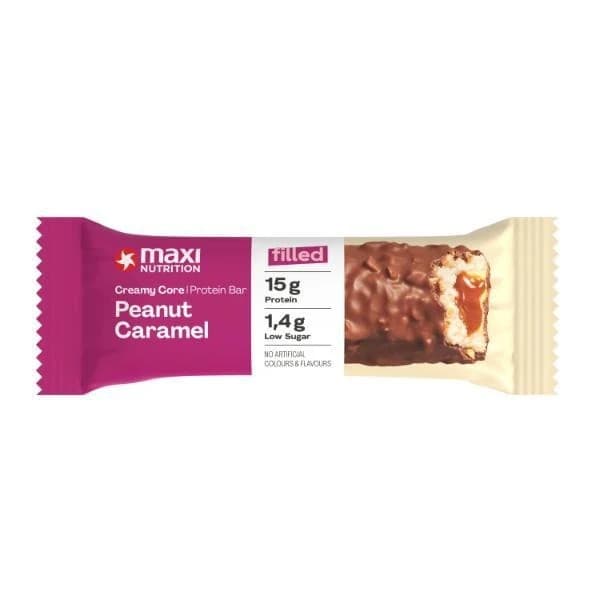 MaxiNutrition - Proteinbar med krämig kärna - Jordnöt och karamell, 12 × 45 g – MaxiNutrition förpackning