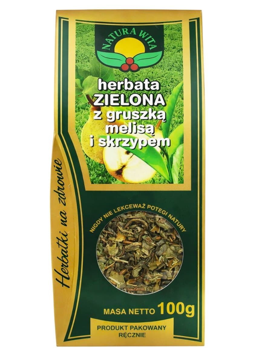 NATURA-WITA Herbata zielona z gruszką, melisą i skrzypem 100g – Natura-Wita förpackning