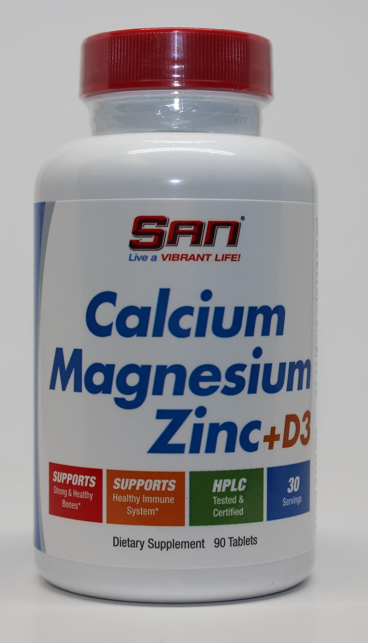 San - Calcium Magnesium Zinc + D3 - 90 Tabs – San förpackning
