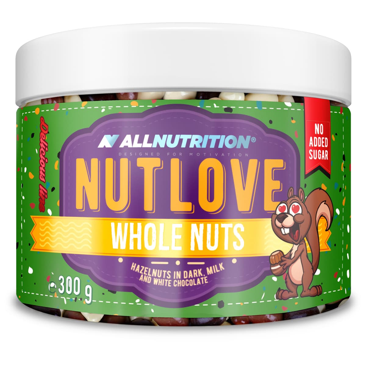 Allnutrition - Whole Hazelnuts In Dark, Milk & White Chocolate - 300g – Allnutrition förpackning