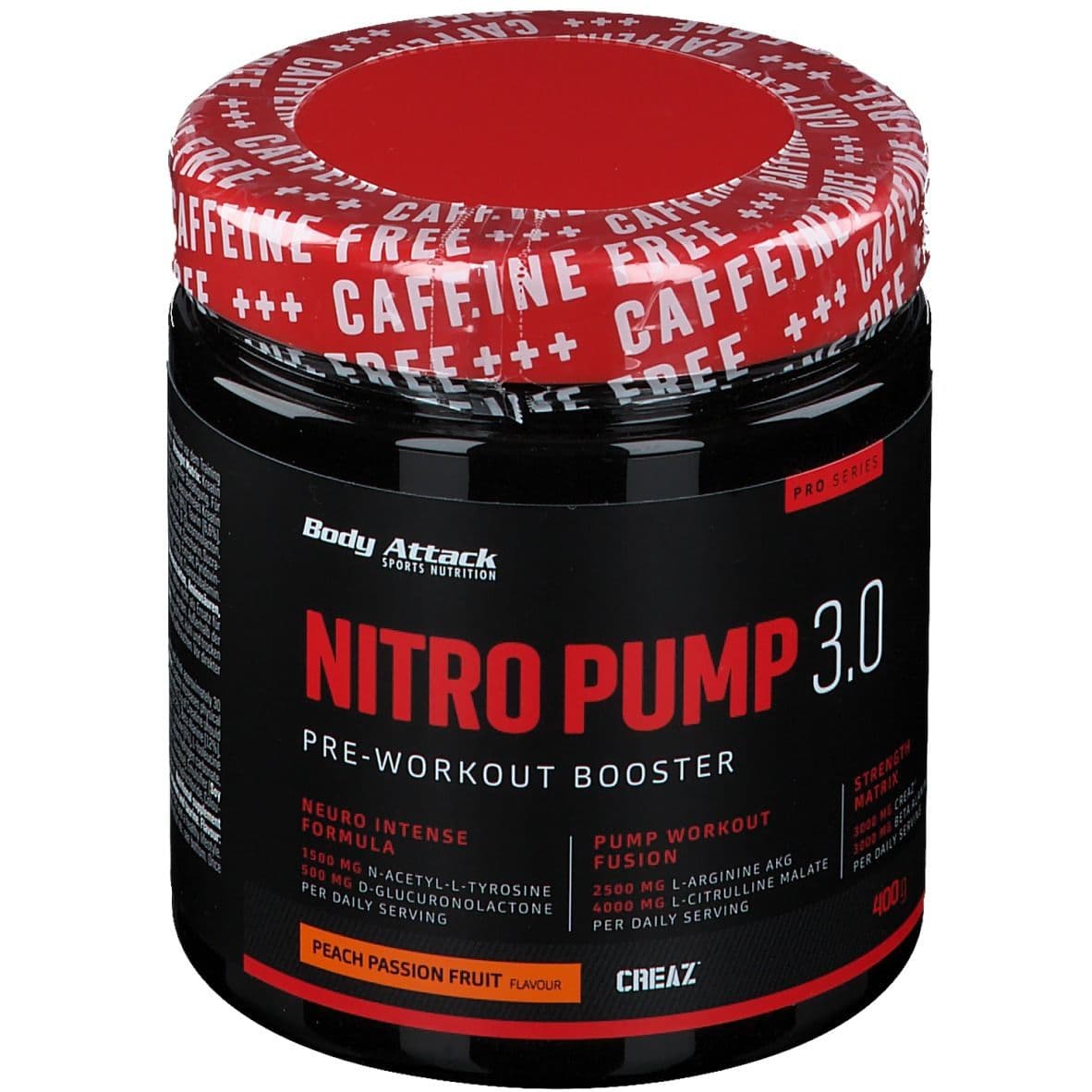 Body Attack - Nitro Pump 3.0 - 400 g, persika och passionsfrukt – Body Attack förpackning