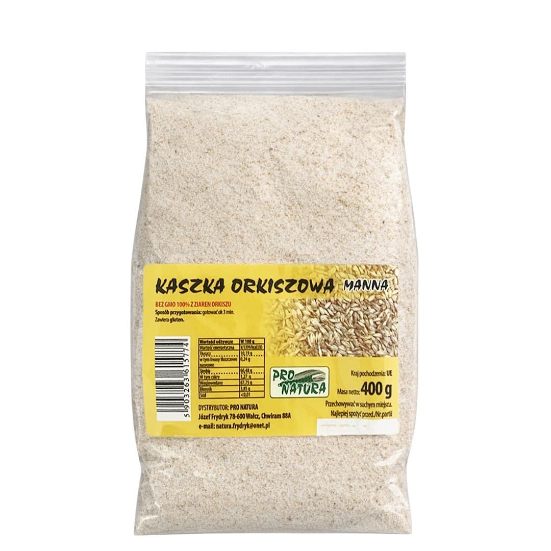 Pro Natura - Spelt Semolina Groats - 400g – Pro Natura förpackning