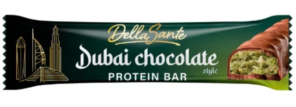 Della Sante - Dubai Chocolate Style Protein Bar 45 g – Della Sante förpackning