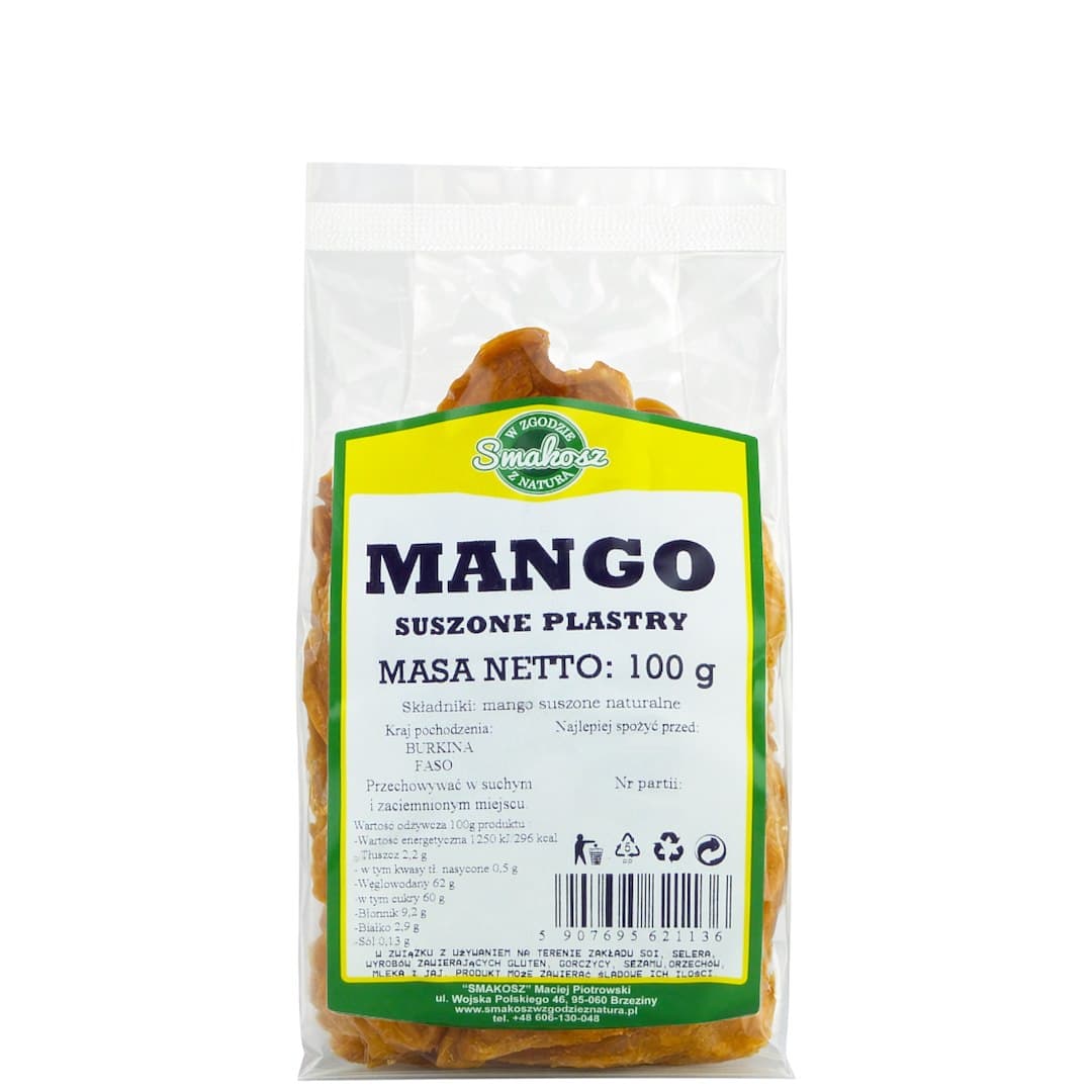 Smakosz - Mango Suszone Plastry, Dried Mango Strips - 100g – Smakosz förpackning