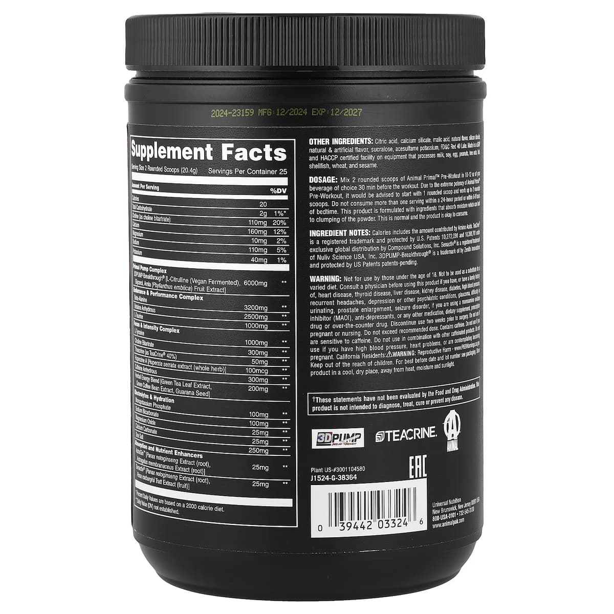 Universal Nutrition - Primal Powder, Fruit Punch - 507.5g
